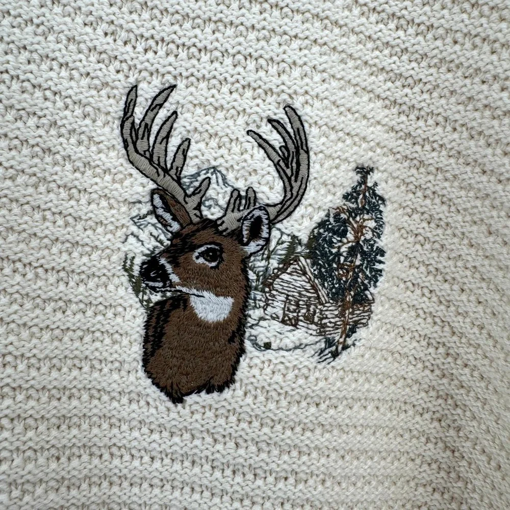 Shenandoah Vtg Cream Textured Henley Sweater Embroidered Buck Deer Cabin XXL Men
